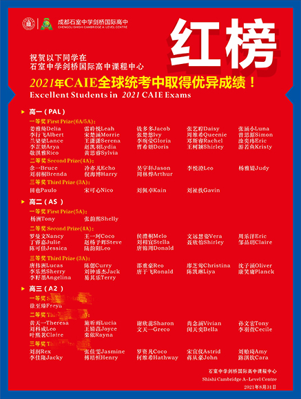 石室剑桥2021CAIE全球统考红榜